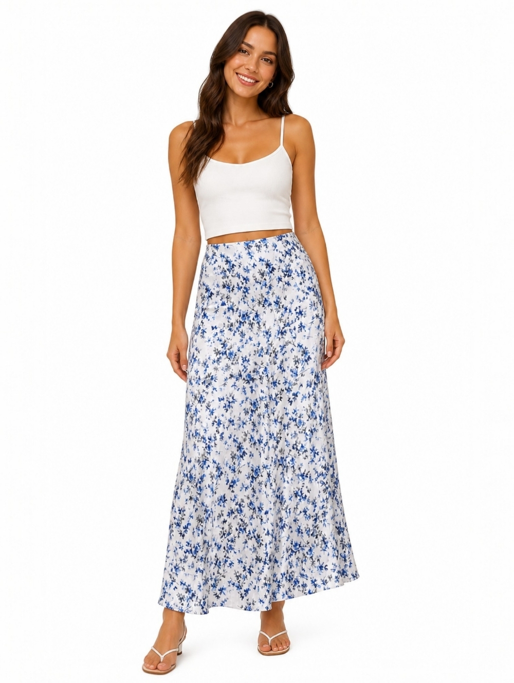 Zara Cottagecore Satin White & Blue Floral Maxi Skirt Size Large